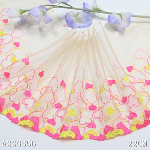 Embroidered Mesh Lace Trim – Apricot Base with Yellow & Pink Heart Pattern, 22cm Width