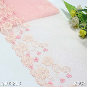 Pink Mesh Floral Embroidery Lace Trim – Apricot & Blush Flowers, 25cm Width