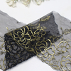 Gold Camellia Embroidered Tulle Lace Trim – 15.5cm Black Mesh with Metallic Foil Detailing
