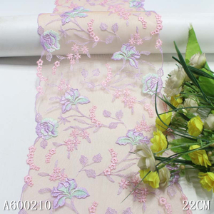 Nude Mesh Floral Embroidery Lace Trim – Pink & Purple Flowers, 22cm Width