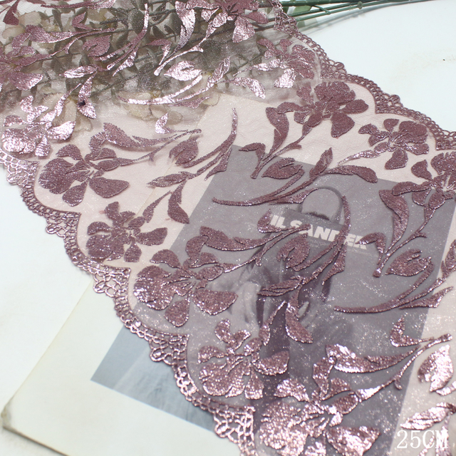 25cm Floral Lace Trim Manufacturer – Embroidered Tulle Lace with Rose Gold Metallic Finish for Bridal & Dress