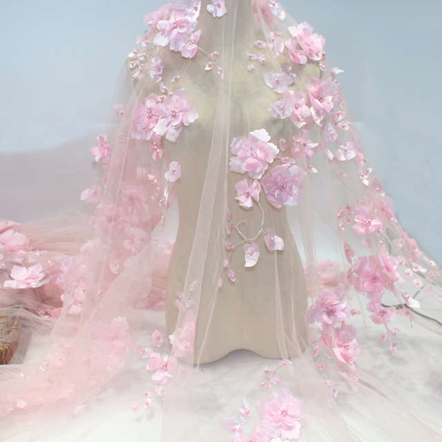 Pink 3D Floral Embroidery Lace Fabric with Pearls & Glitter – Soft Mesh for Gowns and Veils