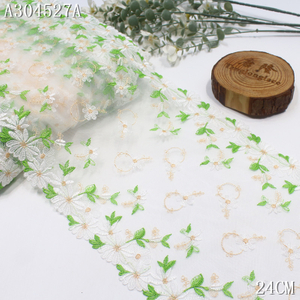 Embroidery Lace Trim – White & Green Floral with Gold Thread Detail, 24cm Width