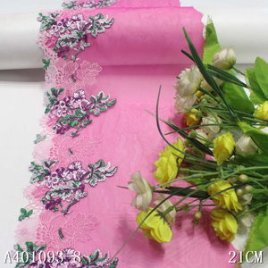 Magenta Mesh Floral Embroidery Lace Trim – Purple & Green Flowers, 21cm Width