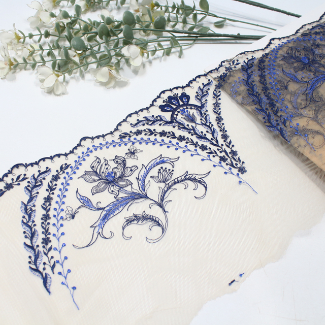 Blue Floral Embroidered Tulle Lace Trim on Nude Mesh – 20.5cm Wide