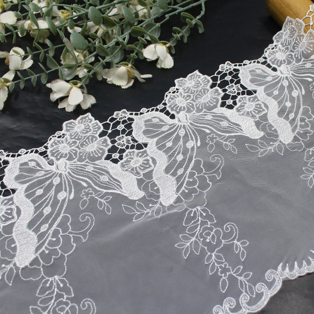 White Butterfly Embroidered Tulle Lace Trim – 20.5cm Water-Soluble Lace