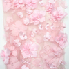 Pink 3D Floral Embroidery Lace Fabric with Pearls & Glitter – Soft Mesh for Gowns and Veils