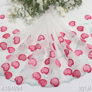 Embroidery Lace Trim – Pink Cherry Pattern on Mesh, 22cm Width